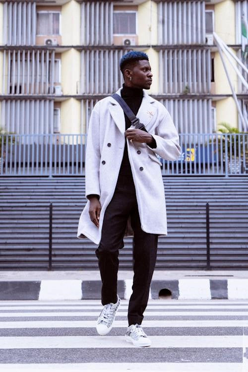 overcoat with dress shirt Camel Overcoat with Striped Shirt and Light Wash Denim