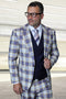 Men's Designer One Button Peak Lapel Italian Wool Suit with Double Breasted Vest in Sapphire Blue Plaid