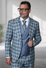 Men's Designer One Button Peak Lapel Italian Wool Suit with Double Breasted Vest in Charcoal Plaid