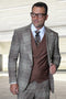 Men's Designer One Button Peak Lapel Italian Wool Suit with Double Breasted Vest in Brown Houndstooth Plaid