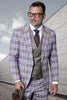 Men's Designer One Button Peak Lapel Italian Wool Suit with Double Breasted Vest in Taupe Plaid