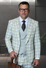 Men's Designer One Button Peak Lapel Italian Wool Suit with Double Breasted Vest in Tan Plaid