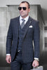 Men's Designer Wool Two Button Vested Modern Fit Plaid Suit in Charcoal Grey