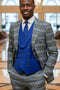 Men's Designer One Button Peak Lapel Italian Wool Suit with Double Breasted Vest in Royal Blue Plaid