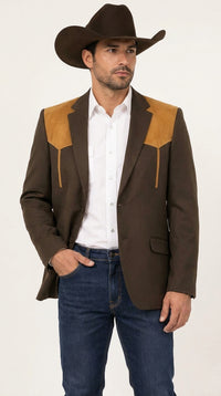 Men’s Chocolate Brown Western Blazer – Cowboy Sport Coat with Tan Suede Yoke for Rodeo & Country Wear