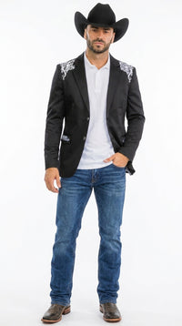 Men’s Black & White Western Blazer – Cowboy Sport Coat with Embroidered Shoulder & Back Design