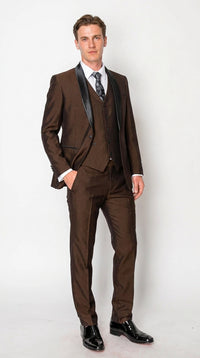 Men’s Chocolate Brown 3-Piece Tuxedo Suit with Black Satin Shawl Lapel – Shawl Collar Vested
