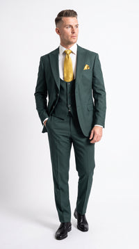 Mens Vitali 3 Piece Suit W/Scoop Vest Hunter Green 3-Piece Suit –, Big Peak Lapel Vest and Pants Modern Fit Two Buttons