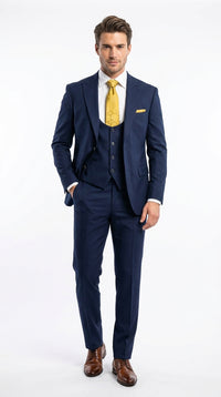 Mens Vitali 3 Piece Suit W/Scoop Vest Navy Blue 3-Piece Suit – Big Peak Lapel Vest and Pants Modern Fit Two Buttons