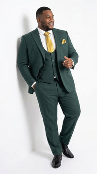 Mens Vitali 3 Piece Suit W/Scoop Vest Hunter Green 3-Piece Suit –, Big Peak Lapel Vest and Pants Modern Fit Two Buttons