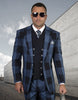 Mens 2 Button Wide Peak Lapel Double Breasted Vest Suit in Navy Plaid