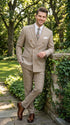 Vinci Men’s Beige Plaid Double Breasted Suit – Classic Checkered Formal Suit Set in Tan Color Windowpane Checkered Pattern