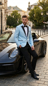 Men’s Baby Blue Tuxedo Blazer with Black Lapel – Formal Dinner Jacket for Wedding, Prom and Evening Events in Sky Light Blue Color