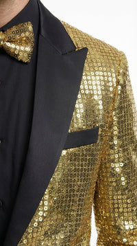 Mens Gold Sequin Blazer with Black Satin Lapel – Gold Formal Party Blazer Jacket for Prom, Wedding and Stage Events