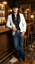 Men’s White Cowboy Blazer with Black Shawl Lapel – Western Formal Jacket for Wedding and Special Events