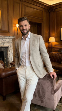 Men’s Light Tan Tweed Blazer – Classic Herringbone Sport Coat, Beige Casual Formal Jacket, Vintage Style Business & Smart Casual Wear