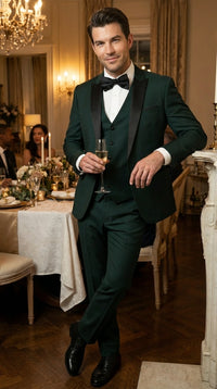 Men’s Hunter Green Tuxedo Suit 3 Piece – One Button Peak Lapel Designer Formal Suit for Wedding, Light Weight Wool By Statement Dark Green