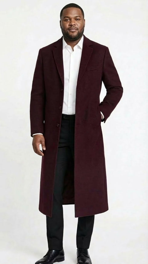 Men’s Burgundy Long Coat – Classic Fit Wool Blend Overcoat - Topcoat Full length