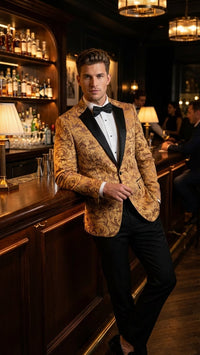 Men’s Yellow Gold Baroque Pattern Tuxedo Blazer Suit – Party and Wedding Jacket Prom Paisley Black Pants