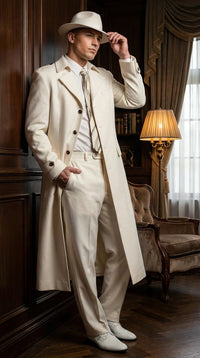 Men’s Ivory Cream Off White Full Length Zoot Suit – Vintage Gangster Style Long Coat Formal Suit
