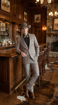 Men’s Light Taupe Western Tuxedo Suit – Cowboy Style Formal Blazer and Pants Outfit in Khaki Tan Light Brown Color