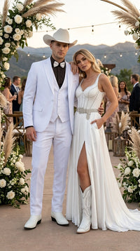 Men’s White Western Cowboy 3 Piece Tuxedo Suit, Formal Wedding Prom Groom Suit Set