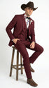 Men’s Burgundy Western Tuxedo Suit, 3 Piece Cowboy Formal Wedding Prom Suit with Satin Trim