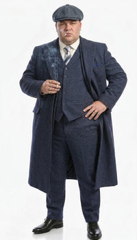 Men’s Navy Blue Herringbone Tweed 1920s 3 Piece Suit with Overcoat – Vintage Peaky Blinder Style Formal Suit Set with Blazer, Waistcoat + Overcoat + Hat