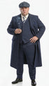 Men’s Navy Blue Herringbone Tweed 1920s 3 Piece Suit with Overcoat – Vintage Peaky Blinder Style Formal Suit Set with Blazer, Waistcoat + Overcoat + Hat