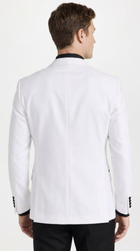Men's White Double Breasted Tuxedo Dinner Jacket with Black Satin Peak Lapel – Formal Wedding Prom Blazer