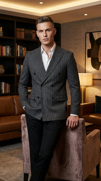 Mens Charcoal Gray Pinstripe Double Breasted Blazer Sport Coat – Classic Formal Business Jacket for Office and Smart Casual Wear
