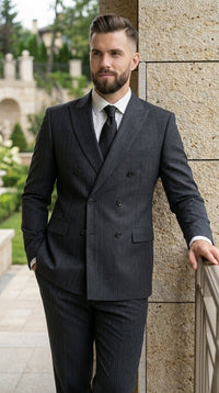Men’s Black Pinstripe Double Breasted Suit – Classic Formal Business Suit Office and Evening Wear Modern Fit Conservative pattern
