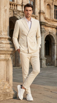 Men’s Ivory Cream Double-Breasted Linen Suit – Off-White Summer Wedding Slim Fitted 2-Piece Suit Cream Color