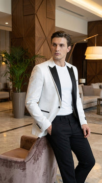 Men's White Sparkle Dinner Jacket – Black Satin Shawl Lapel Tuxedo Blazer Slim Fit Sequin Shiny Prom Jacket