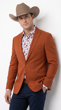 Men’s Rust Cowboy Western Blazer – Copper Brick Color Two Button Sport Coat Peak Lapel Modern Fit
