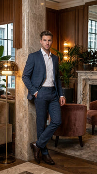 Men's Blue Micro Check Hounstooth small windowpane plaid 3-Piece Suit – Vested Slim Fit Business, Wedding & Formal Suit