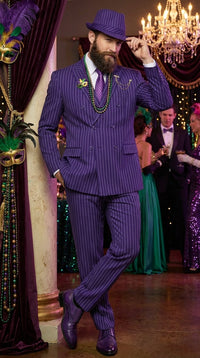Men’s Purple Pinstripe Mardi Gras Suit | Classic Double Breasted Formal Carnival Suit