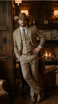 Mens Sharkskin Dark Taupe Tan with sheen Western 3 Piece Suit – Classic Country Style Blazer Vest Pants Set, Formal Cowboy Suit Outfit