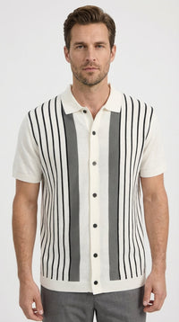 Mens White and Charcoal Gray Stripe Walking Suit Set – Short Sleeve Button Shirt and Pants Casual Summer Outfit for Travel, Vacation and Everyday Wear