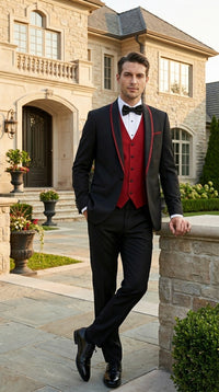 Statement Men's Black with Red Lapel Vested 100% Wool Tuxedo