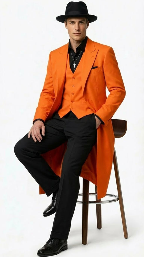Men’s halloween Costume Orange Long Zoot Suit Set With Black Shirt and Black Pants included