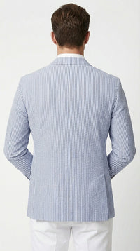Mens Blue Seersucker Blazer – Lightweight Striped Summer Sport Coat Casual Smart Formal Jacket
