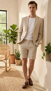 Men’s Tan Linen Suit with Shorts, 2 Piece Summer Short Suit, Casual Beach Wedding Outfit