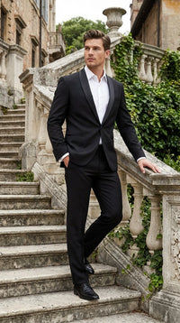 Tiglio Designer Men’s Black Single Button Tuxedo Suit – Formal Black Business and Wedding Suit Shawl Collar Super 150's Wool Fabric