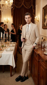 Mens Sand Beige 3 Piece Suit – Double breasted Vest Formal Suit Set and Dress Pants in Champaign Natural Summer Color