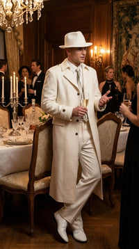 Men’s Ivory Cream Off White Full Length Zoot Suit – Vintage Gangster Style Long Coat Formal Suit