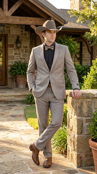 Men’s Light Taupe Western Tuxedo Suit – Cowboy Style Formal Blazer and Pants Outfit in Khaki Tan Light Brown Color