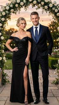 Men’s Black Suit with Navy Blue Lapel – Elegant Formal Tuxedo Style Suit for Wedding, Prom, Party and Evening Wear