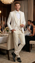 Men’s Ivory Paisley Tuxedo Suit 3 Piece – One Button Vested Satin Formal Suit for Wedding in Off white Cream Color