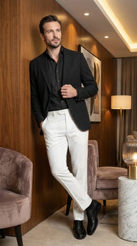 Men’s Black Seersucker Blazer – Textured Two-Button Notch Lapel Formal & Summer Sport Jacket in Black Tone-on-Tone Cotton Fabric